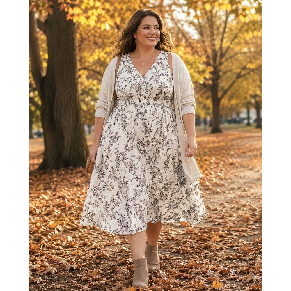 Lane Bryant 26/28 Brown Paisley Sleeveless V-Neck Fit & Flare Midi Dress NWT
